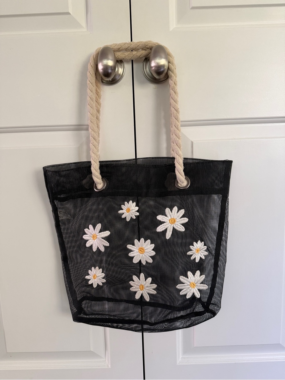 Art Class black Mesh Tote Bag see through white yellow Daisy rope handles